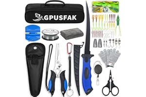 GPUSFAK Fishing Tool Kit, 50 Pieces Fishing Gear, Fishing Pliers with Lanyard, Fillet Knife, Fish Lip Gripper, Fly Ice Fishing Hook Extractor, Anti-Cutting Gloves, Fishing Lures Baits Accessories