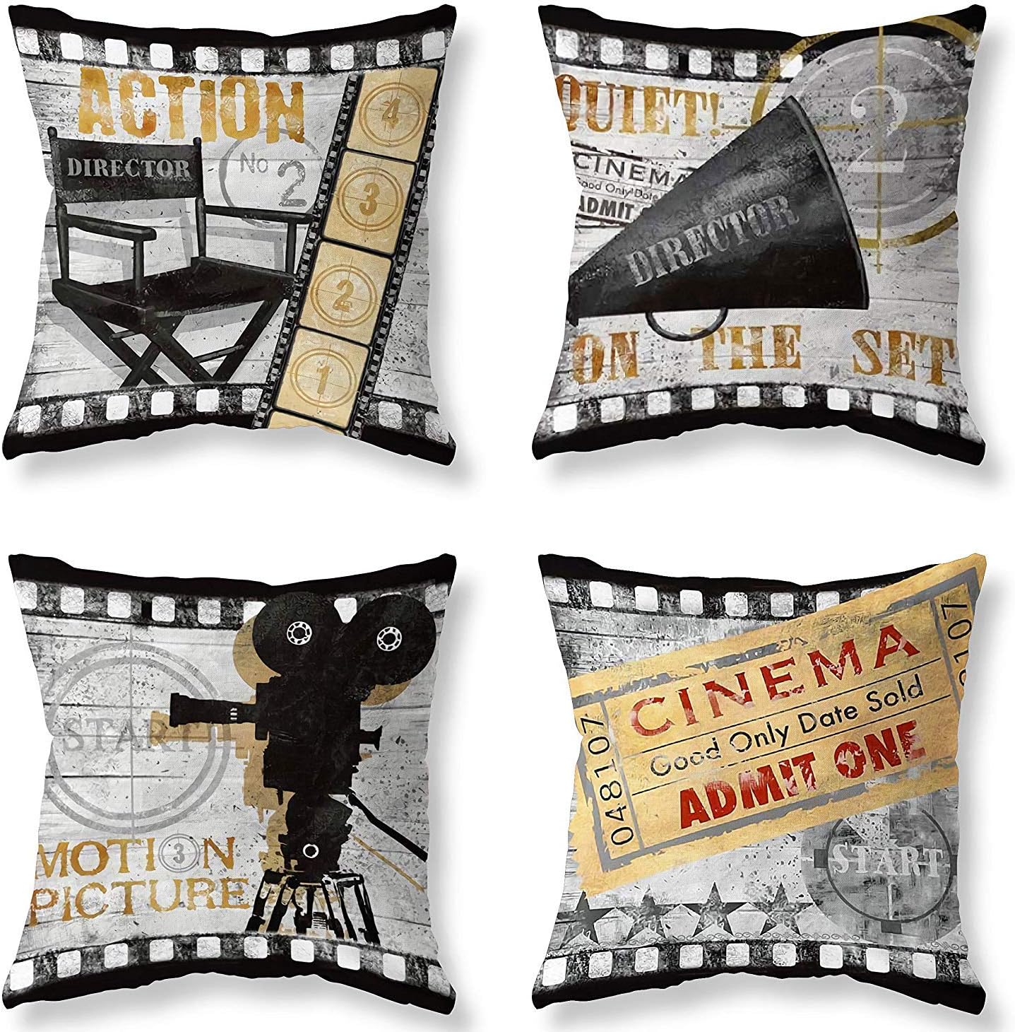 JOOCAR Movie Theater Cinema Black and White Design Linen Set of 4, Indoor Decor Throw Pillow Cover/Case with Zipper Soft Cushion (Two Sides)