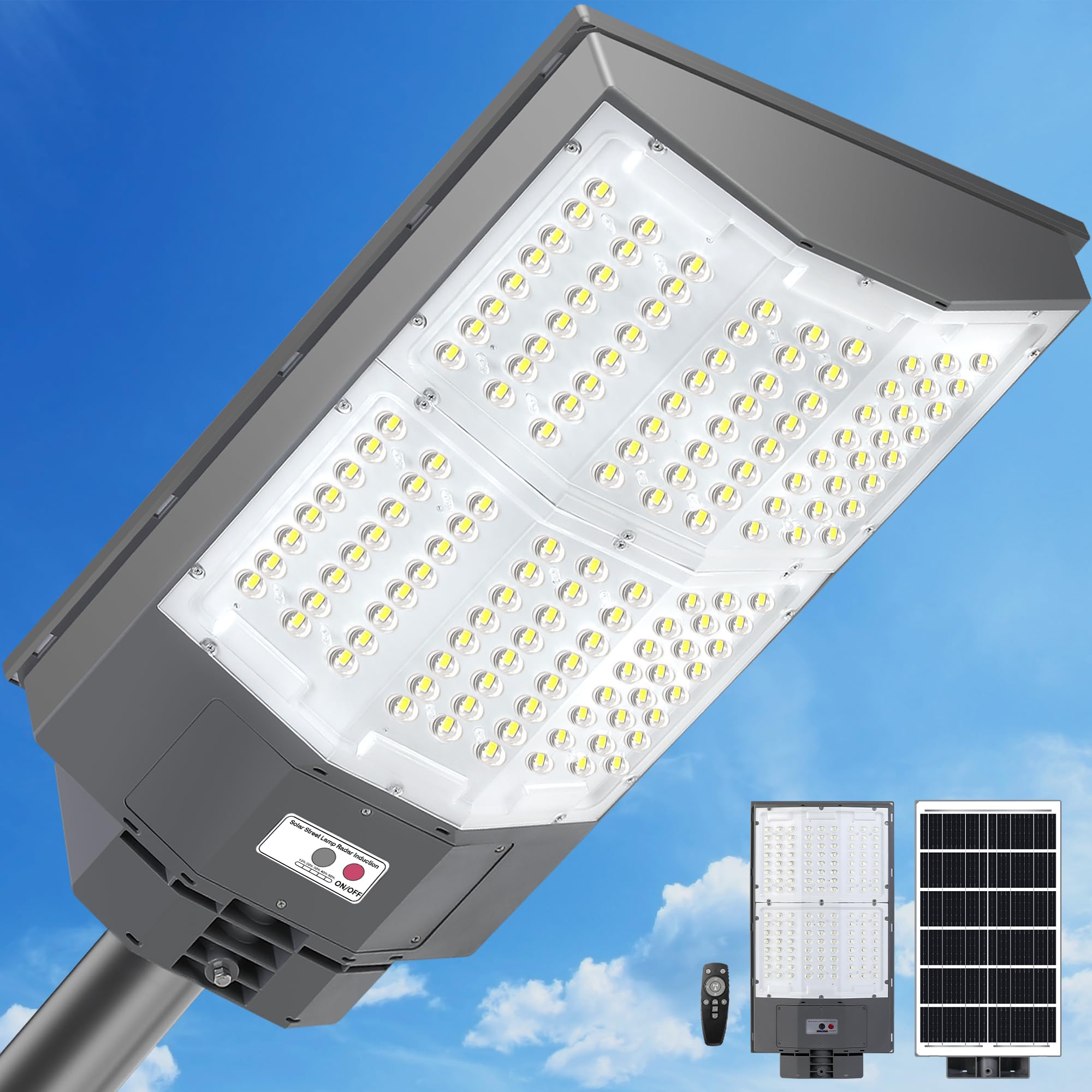 Photo 1 of 10500W Solar Street Lights Outdoor, 650000LM 7000K Solar Parking Lot Lights Dusk to Dawn 40000mAh IP67 Waterproof Pole Security Flood Lamps with Motion Sensor and Remote for Yard, Garage, Driveway