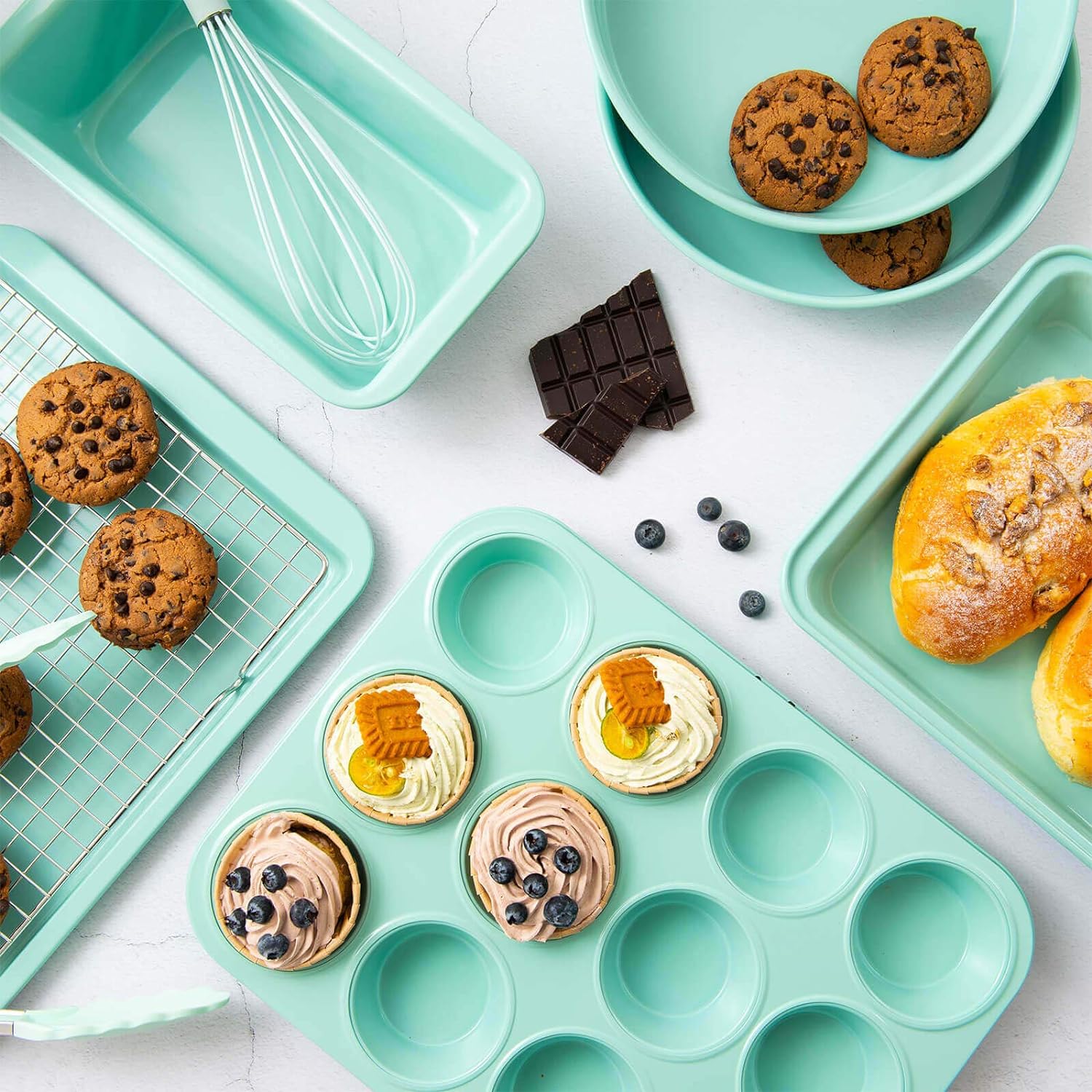 Rorence Bakeware Set Nonstick: Cookie Sheet, Rectangular Cake Pan, 2 Round Cake Pans, Muffin Pan, Loaf Pan & Cooling Rack - Set of 7 - Mint Green: Kitchen & Dining