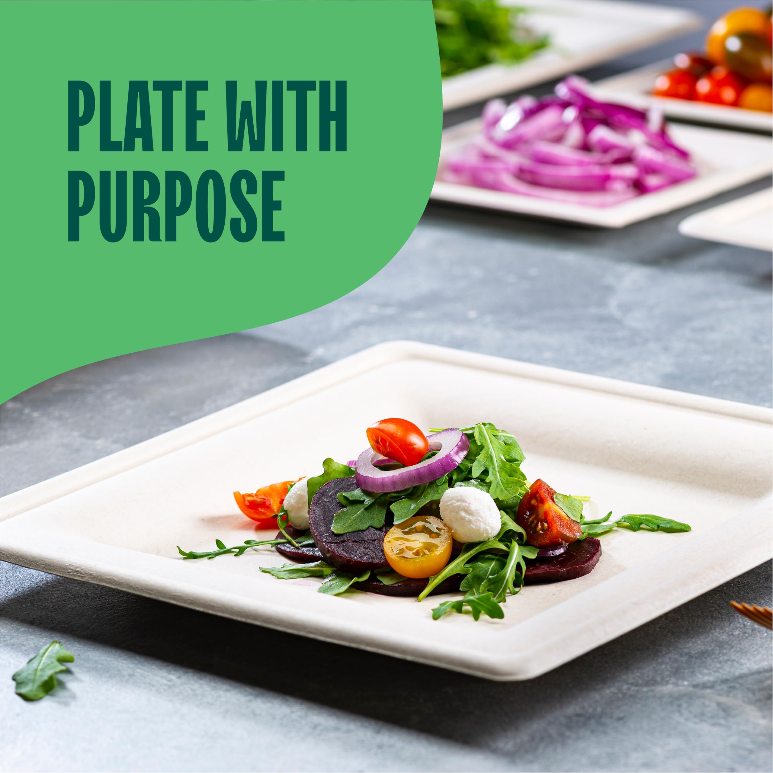 100% Compostable Square Paper Plates [50-Pack] - {PFAS-Free} - {BPI Certified} - [10 Inch] Heavy Duty, Eco-Friendly, Biodegradable Bagasse Dinner Plates - Natural Brown 10