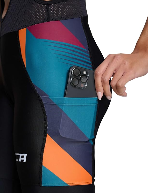Cuissard Vélo À Bretelles Femme Rembourré – Cuissard Cyclisme avec Poches Latérales – Tissu Séchage Rapide Route, Gravel & VTT - Orange Graphic, S
