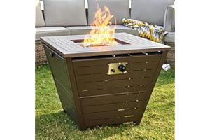 PaPaJet 32" Propane Fire Pit Table, 50,000 BTU Square Gas Firepit Table with Lid and Lava Rock, Great for Outdoor Garden Backyard Patio, Brown