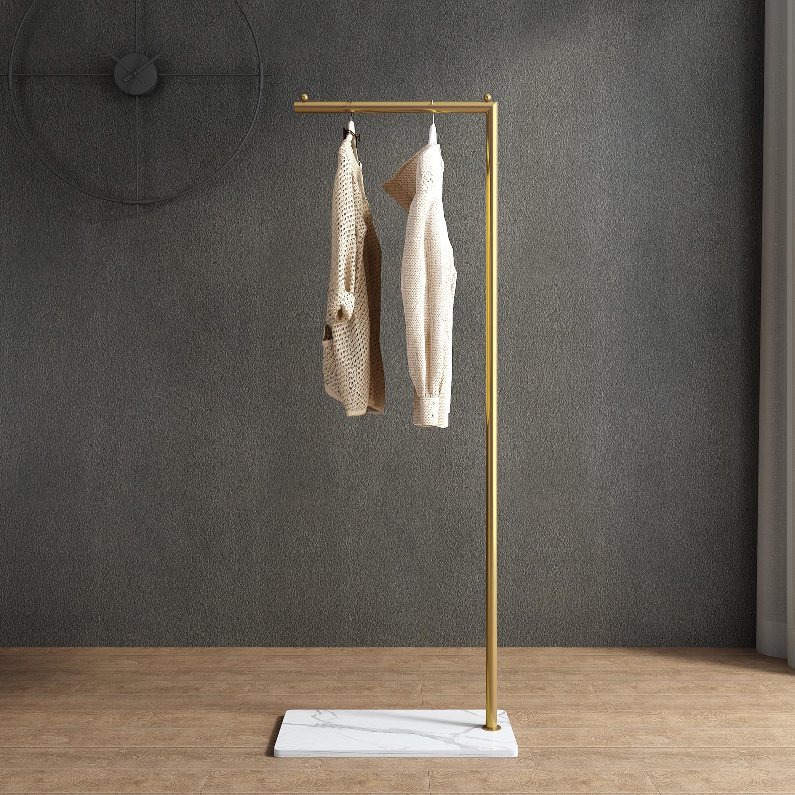 Photo 1 of ZHBHYZ Gold clothing rack with Marble Base,Modern clothes racks for hanging clothes,7-shaped coat rack Freestanding Small garment rack Clothes Hanging Rack for Small Space,Bedroom or cloakrooms