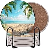 Summer Sunshine Beach Season Leaves Round Coasters Set of 6 - Abosrbent Ceramic Coasters with Metal Stand for Drinks, Coffee, Non-Slip Cork Back for Tabletop Protection, 4 Inches (Palm Tree)
