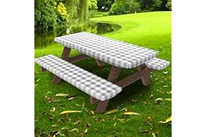 UMINEUX Picnic Table Cover with Bench Covers Fitted Table Clothes for 6 Foot Rectangle Tables Vinyl Flannel Backing with Elastic Edge -for Outdoor/Indoor Party&Dining(30x72 Inch,3-Pieces, Gray Plaid)