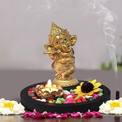 Tied Ribbons Golden Ganesha Playing Bansuri Ganesh Idol For Gift | Diwali Gift Set | Home Decor Murti
