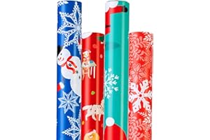 CHERUBFUNZ Christmas Wrapping Paper (4 Rolls: 93 sq. ft. ttl) Funny Snowmen, Snowflake, Dogs, Christmas Trees and Santa Claus with Gifts - Christmas Elements Collection - 17 inches x 16.5 feet Per Roll
