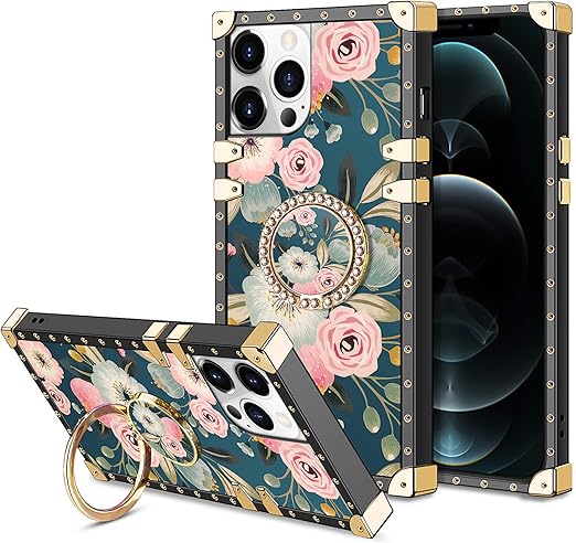Amazon Com Honeyake Compatible With Iphone 12 Pro Max Square Case With Stand Ring Holder Floral Flower Elegant Soft Tpu Reinforced Corner Shock Absorbing Protective 6 7 Inches Flowers