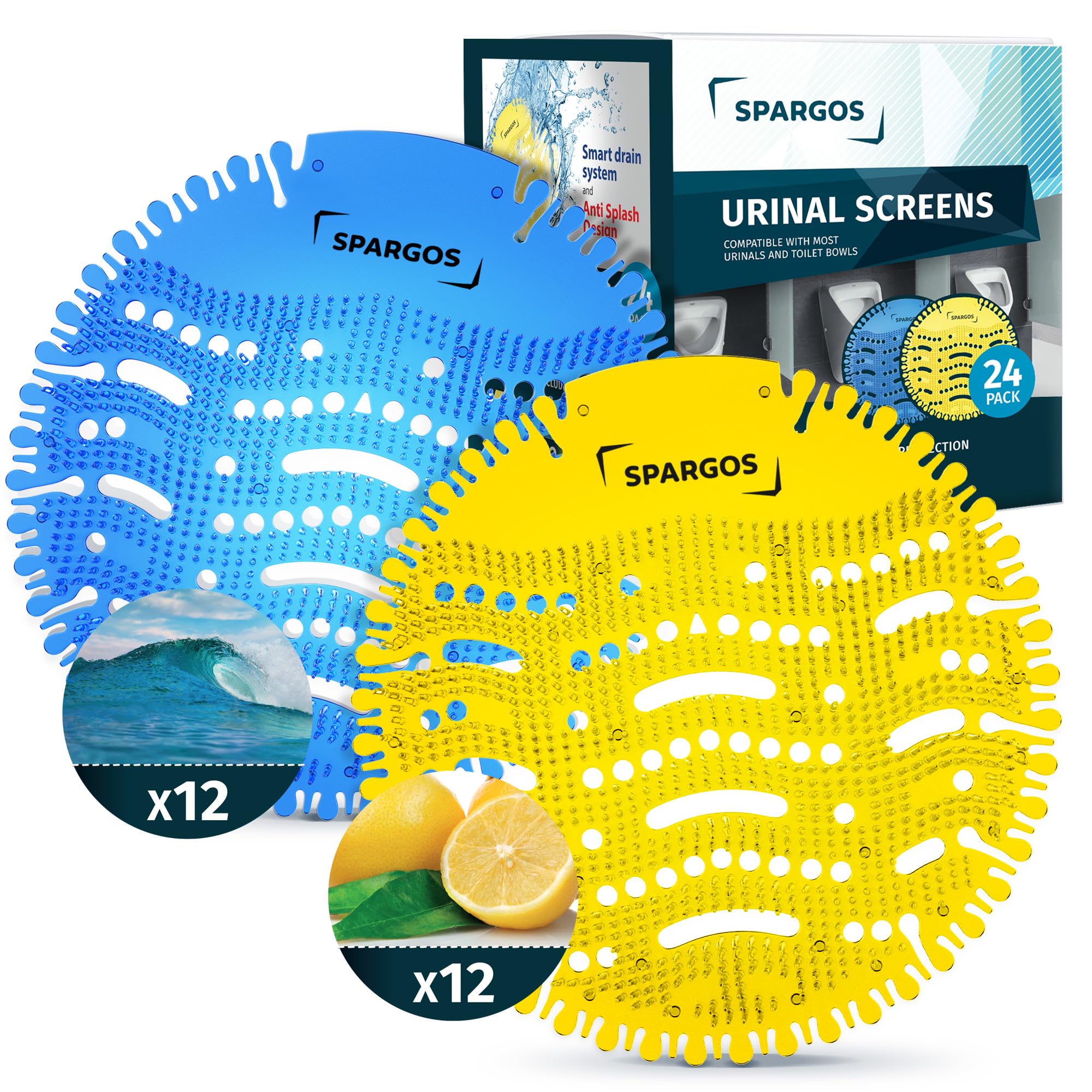 Urinal Screen Deodorizer Mats (24 Pack) Anti-Splash Toilet Smell Refresher protection for Bathroom Office Stadiums Schools Free Gloves - 12pcs Blue Ocean Breeze and 12pcs Yellow Lemon