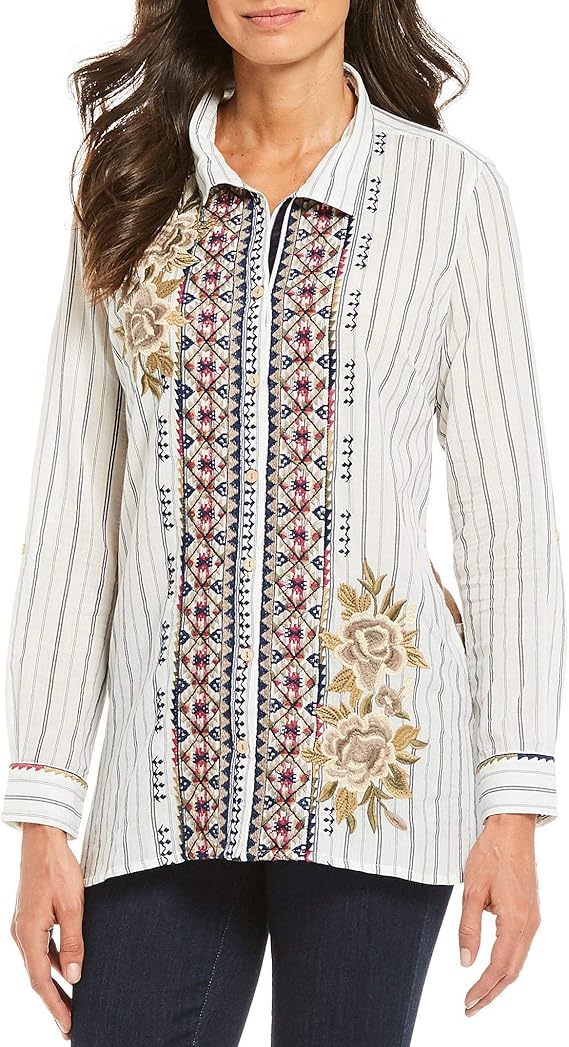 John Mark Women's Embroidered Button Front Tunic Shirt, Multicolor