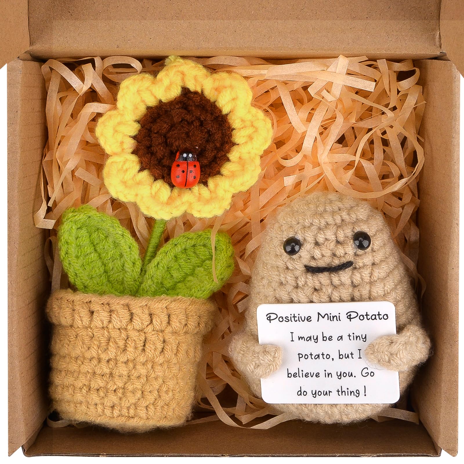 Pipihome Positive Potato Sunflower Pot, Emotional Support Crochet New Job Gifts for Women, Cute Stuff Good Luck Gifts for Her Him, I Love You Valentines Gifts for Him Kids Her