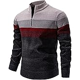 TebYIA Mens Quarter Zip Pullover Mock Neck Slim Fit Striped Knit Sweaters Casual Fall Winter Lightweight Polo Sweater