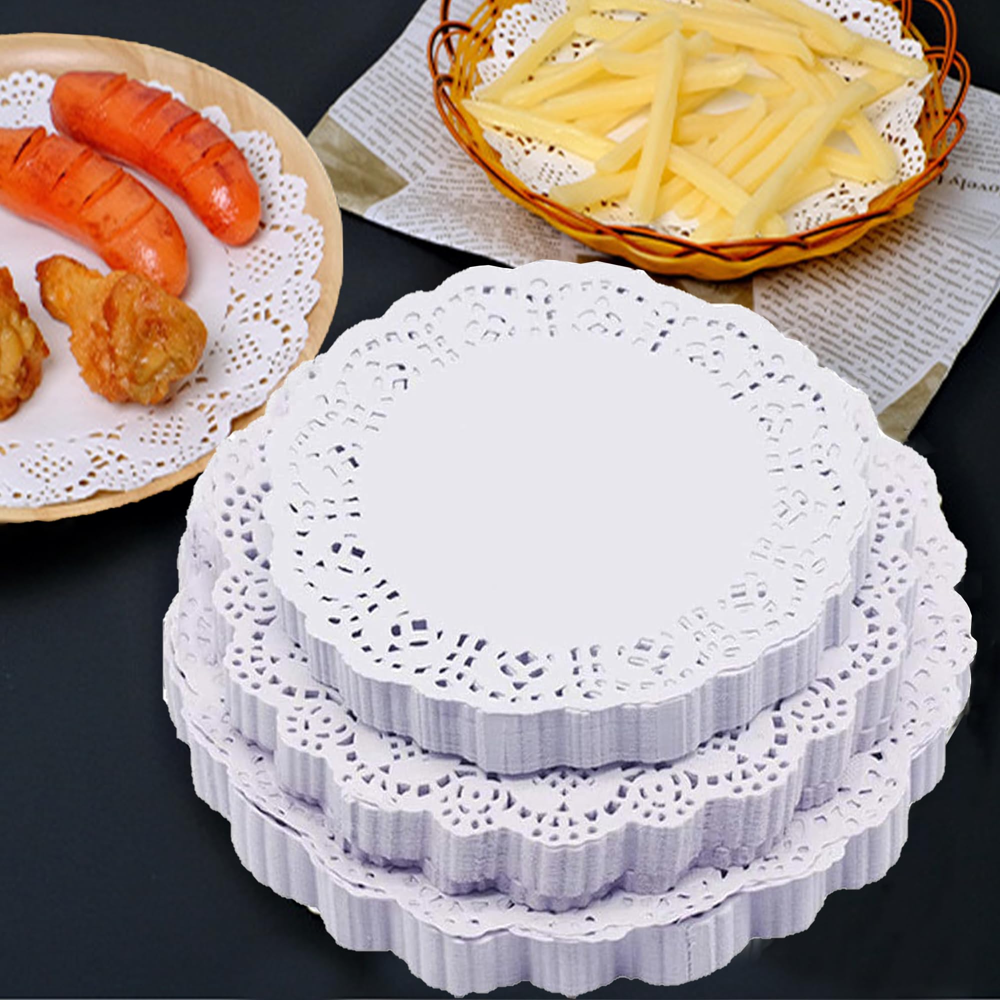 DXIA 300 Pieces White Round Lace Paper Doilies,Cake Packaging Paper Pad, Doilies Hollowed Doilie, Assorted Sizes 4.5 Inch, 6.5 Inch, 8.5 Inch,for Wedding Party Birthday Decoration