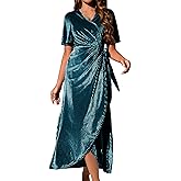 Zoifada Women's Velvet V Neck Wrap Dress Ruffle Sleeve High Waist Maxi Dress, Christmas Party & Formal Wear