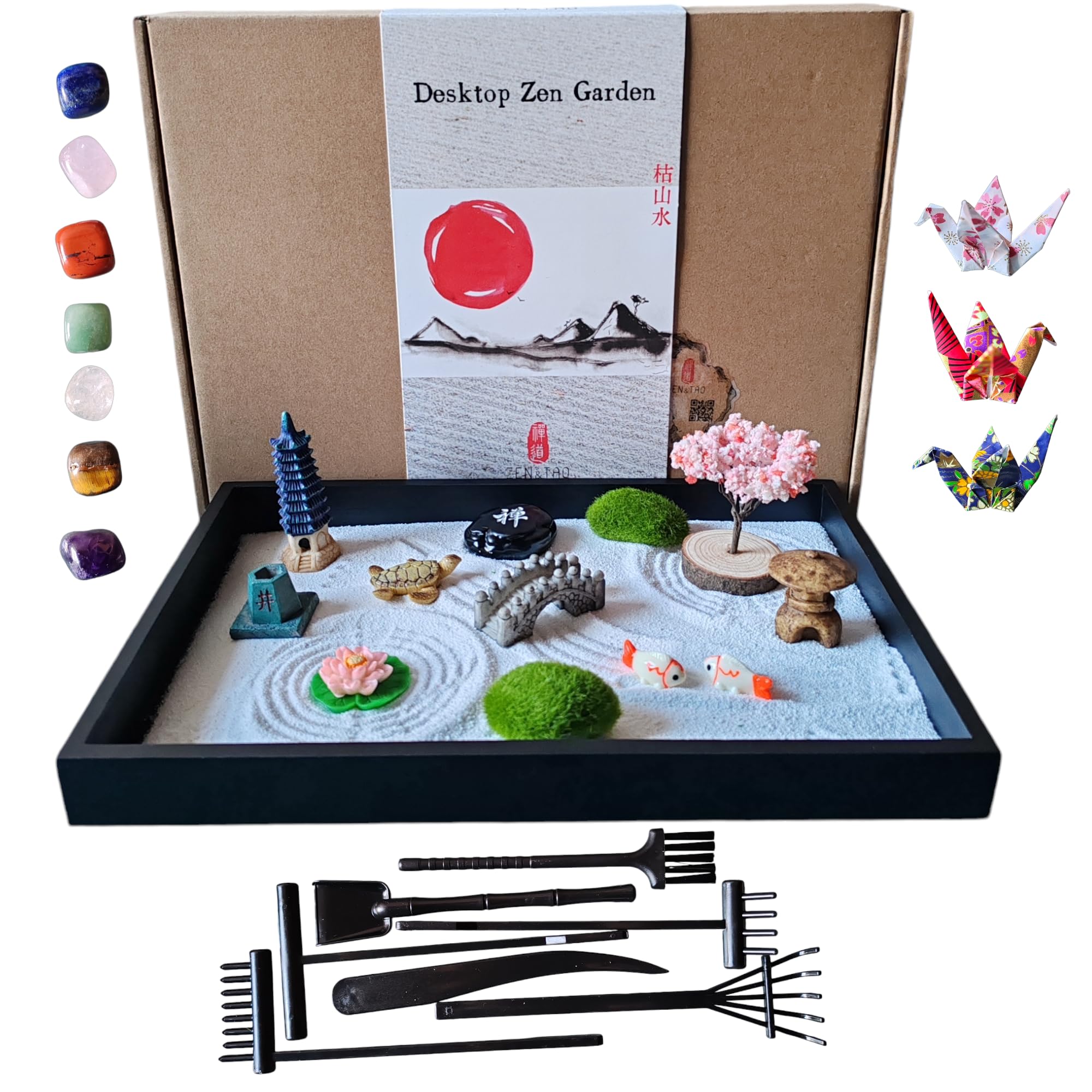 ZEN&TAO Classic Desktop Zen Garden with Abundant (Over 20) Accessories Sitting in Large Black Original Wood Tray and 7pcs Toolset Encased in Metal Box (CHAKRA GEMSTONES)