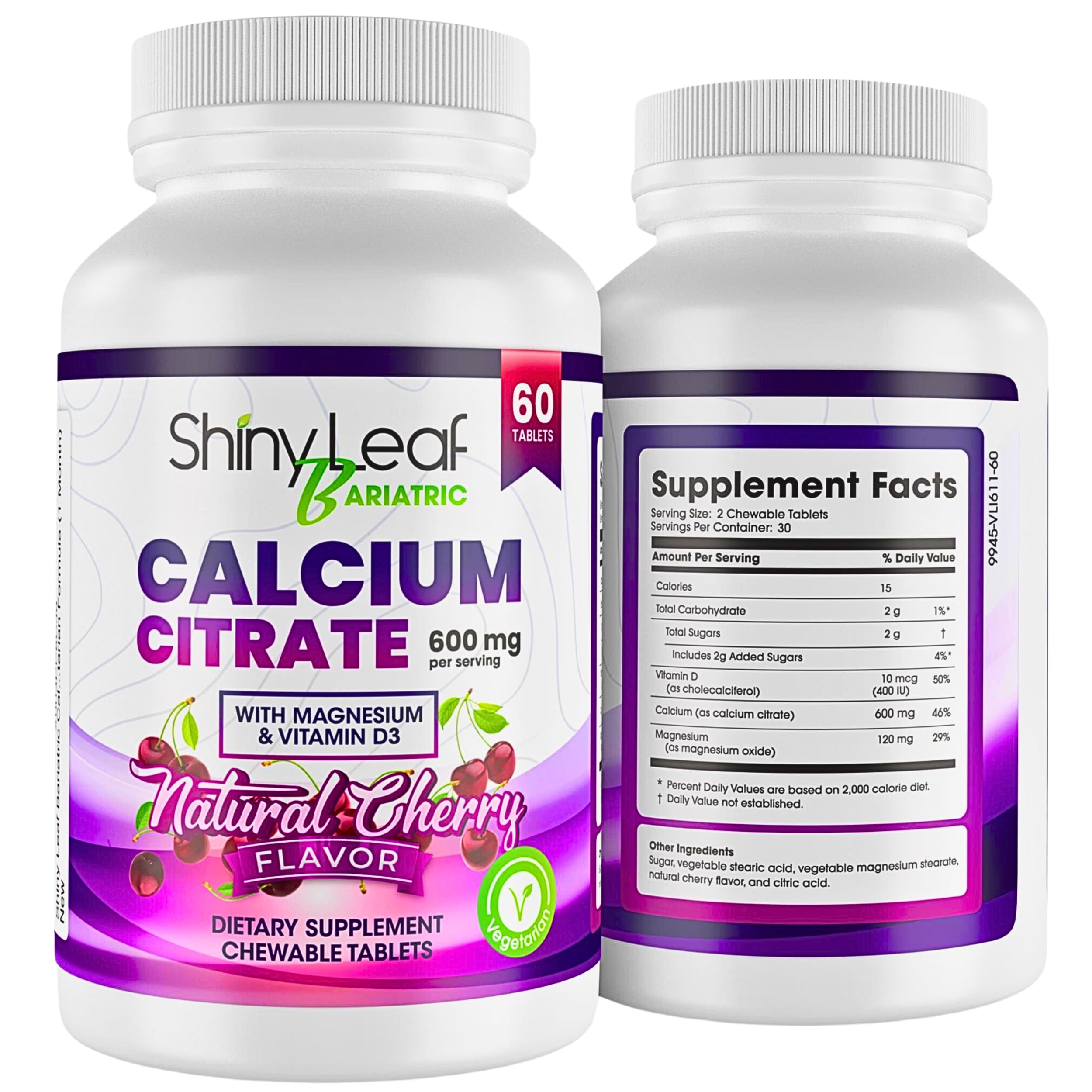 Shiny Leaf Bariatric Calcium Citrate 600 mg Supplement for Bariatric Surgery Patients, 60 Ct Chewable Tablets with Magnesium, Vitamin D3, Natural Cherry Flavor, Vegetarian Formula (1 Month), White