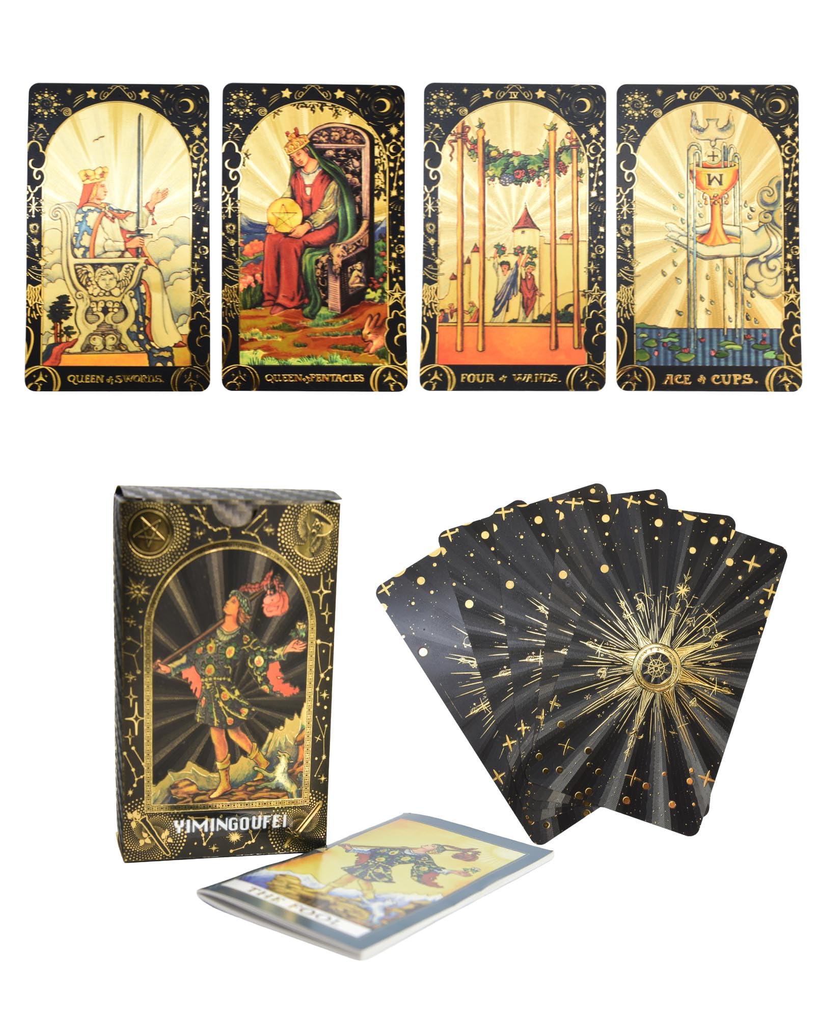 YIMINGOUFEI Tarot Cards Deck, 78 cards + 2 collection cards with Guide Book, Black and Gold Foil Design, PVC Waterproof