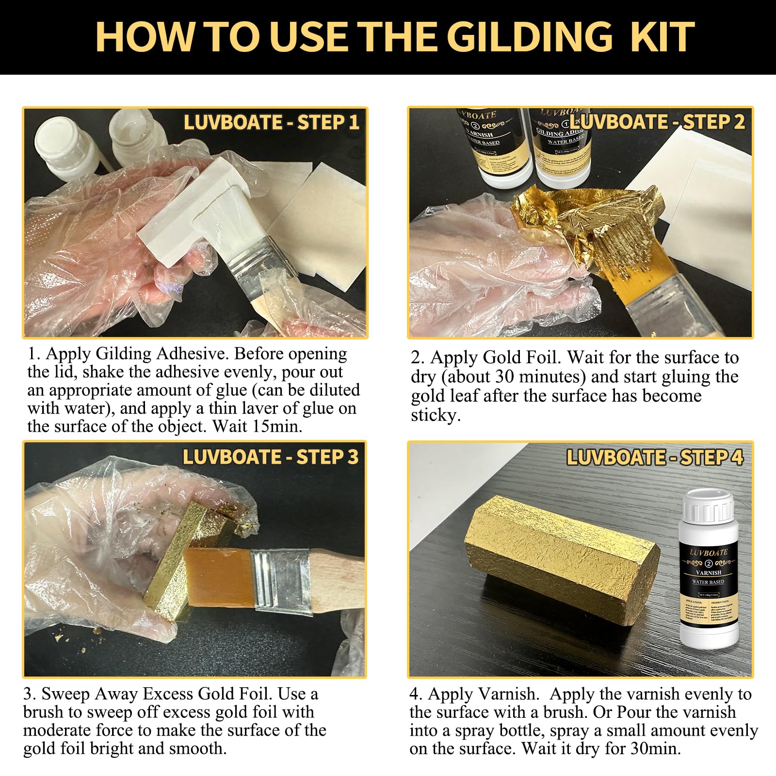 Gilding Adhesive Set, LUVBOATE Gold Leaf Kit, 3.53oz Water Based Adhesive and 3.53oz Varnish with Gold Leaf Sheet 100 pcs, Gold Foil Set for Arts, Craft, Painting, Furniture and Decoration