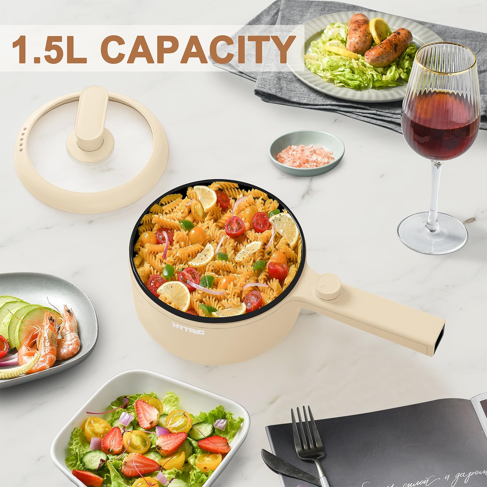 HYTRIC Hot Pot Electric, 1.5L Portable Non-stick Frying Pan, Electric Cooker for Steak, Egg, Pasta, Ramen Cooker with Dual Power Control, Mini Electric Pot for Office, Dorm Room Essential, Yellow