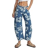D-Sun Women Printed Barrel Jeans Casual Low Rise Floral Printed Cropped Wide Leg Denim Pants Boyfriend Baggy Jean with Pocket