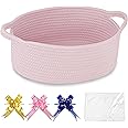 COMSE Small Woven Basket with Gift Bags and Ribbons, Gift Basket Empty, Cotton Rope Storage Organizer, Baby Toy Box with Handles, 12" x 8" x 5", Light pink
