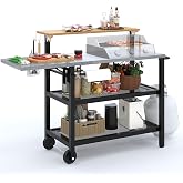 Sundale Outdoor Grill Table with 4-Tier Storage Shelves, Movable Outdoor Kitchen Island with Folding Side Shelf, 58.47" x 20.08" Stainless Metal Tabletop for Food Pre, Pizza Oven