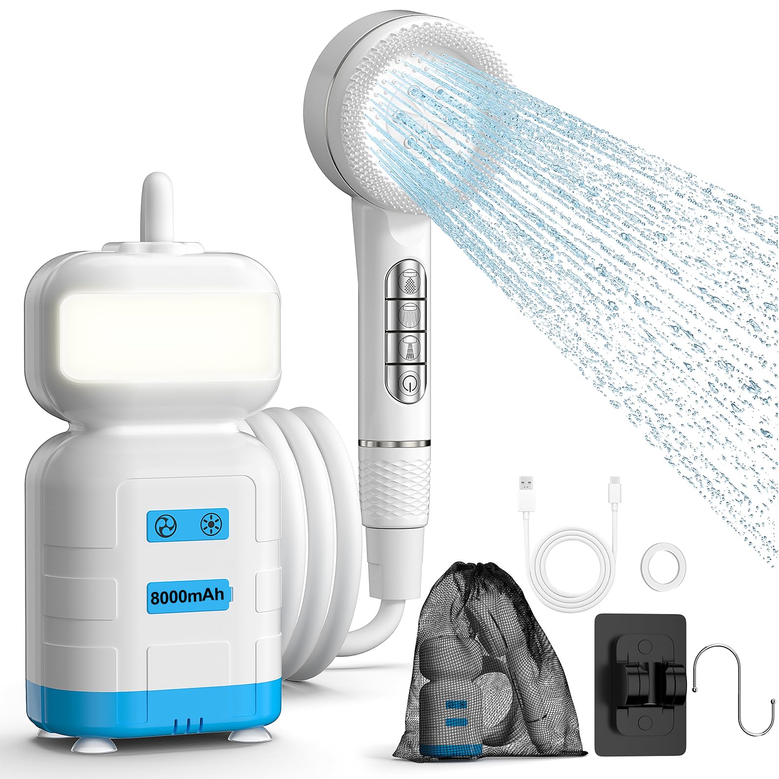Photo 1 of Portable Camping Shower for Outdoors, 8000mAh Rechargeable Camp Shower Kit with Camping Light, 3 Spray Modes, IPX7 Waterproof Camping Shower Pump for Indoor Outdoor Camping Hiking, Beach, Car, Pet