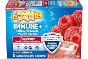 Emergen-C Immune+ Triple Action Immune Support Powder, BetaVia (R), 1000mg Vitamin C, B Vitamins, Vitamin D and Antioxidants, Raspberry, Back to School Essentials – 30 Count
