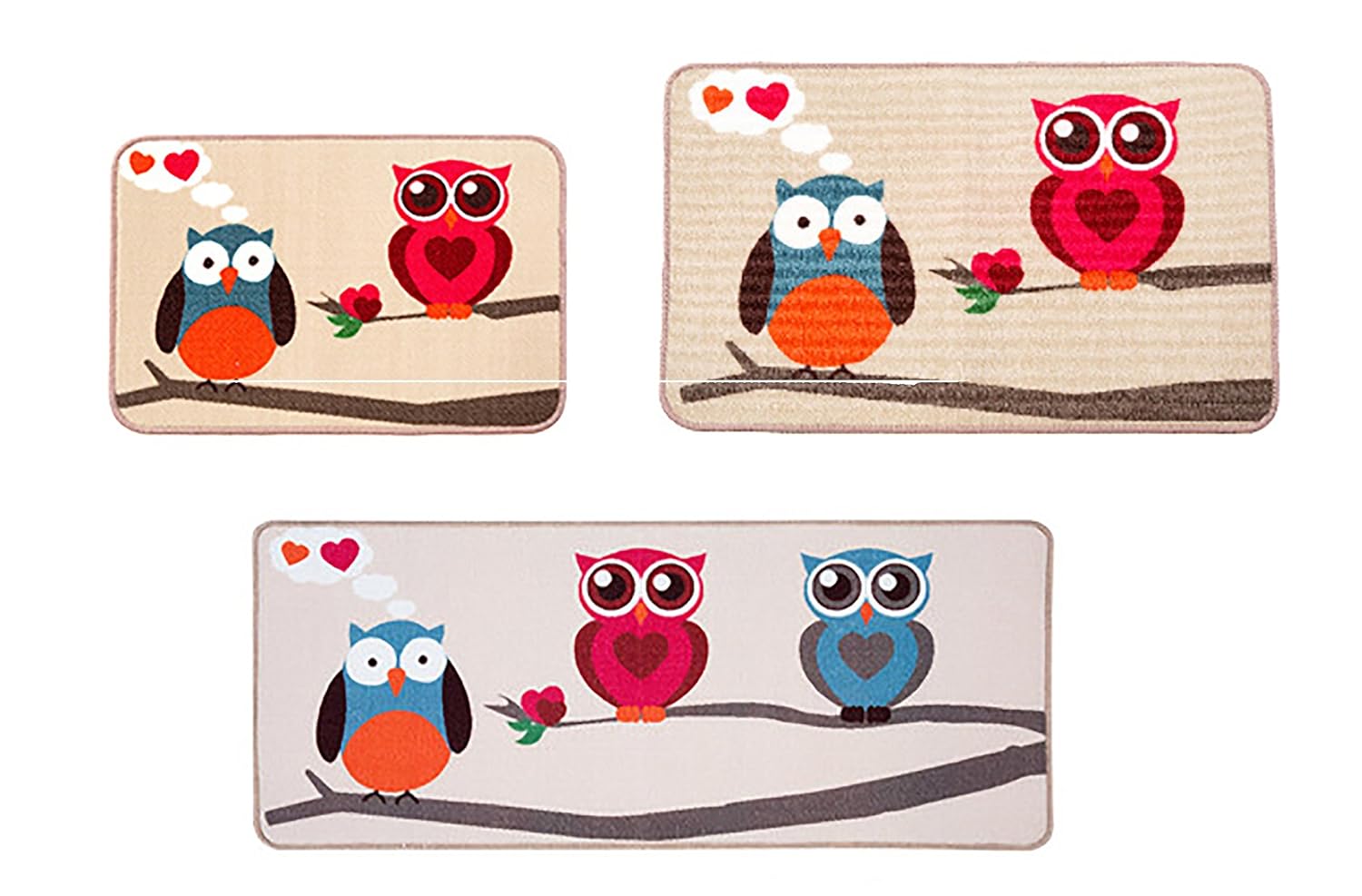 Lldaily 3 Pcs Non-Slip Kitchen Mat Rubber Backing Doormat Entry Runner Rug Set Modern Bath Area Rugs,Owl Design 16x24inches+20x31.5inches+20x47inches