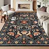 Morebes Washable Black Floral Rug 5x7, Flower Birds Area Rugs for Living Room Non Slip, Soft Low-Pile Indoor Floor Insect Print Throw Carpet for Bedroom Dining Playroom Home Office, Black/Multi