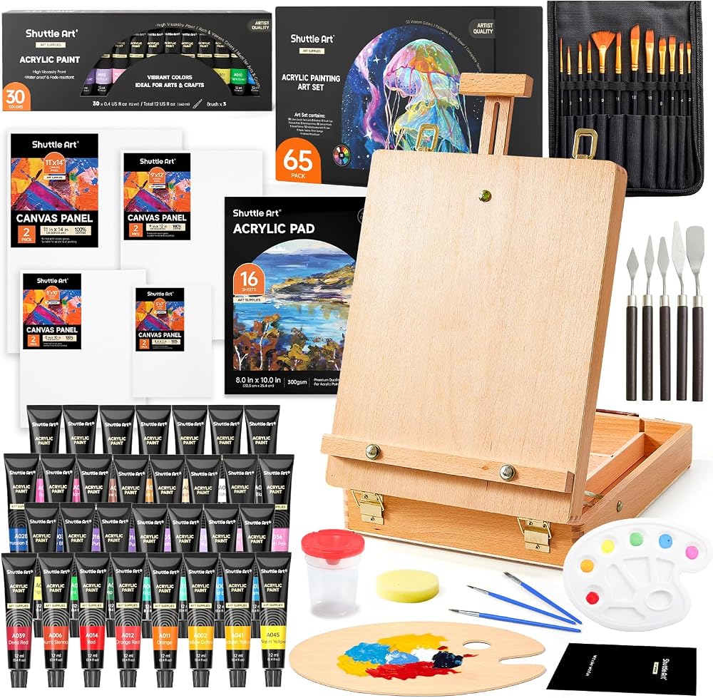 Shuttle Art 65 Pack Acrylic Painting Set with Wooden Tabletop Easel Box