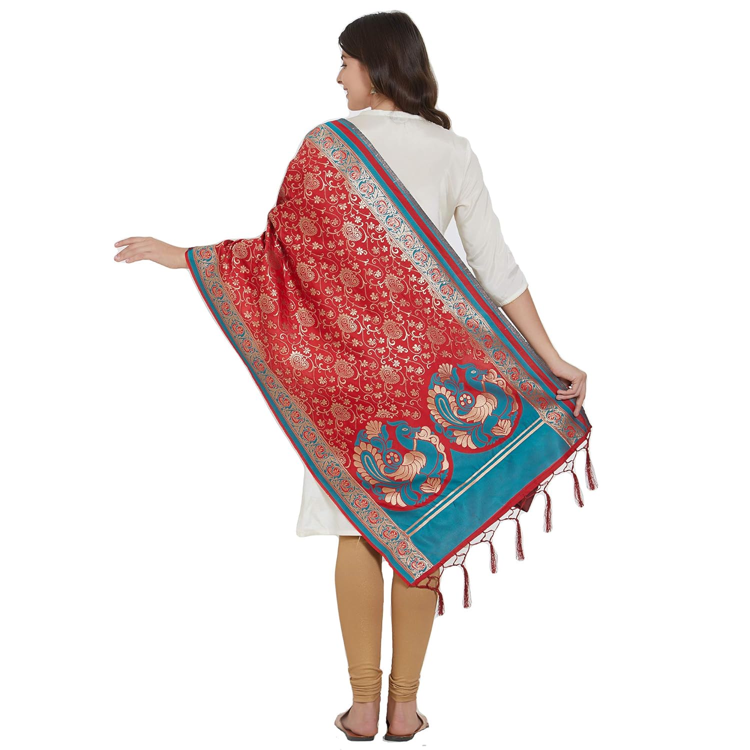 nanda silk mills red woven banarasi silk dupatta for women