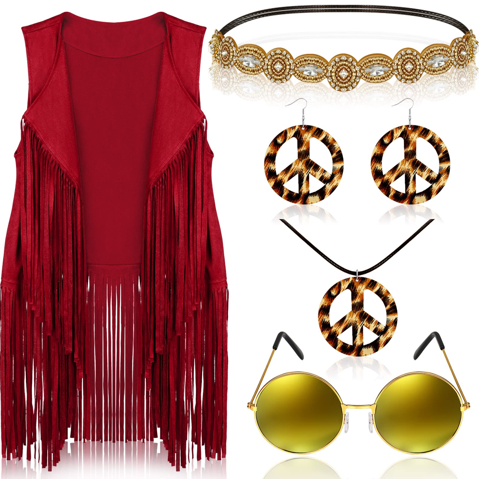 Photo 1 of 6 Pcs 60s 70s Outfits for Women Hippie Costume Set Peace Sign Earring Headband Fringe Vest Tassel Cardigan (Red,XXX-Large)