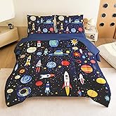 BQH Boys Full Size Space Bedding Set - 5 Piece Rocket & Galaxy Comforter with Deep-Pocket Sheet, Whole-Piece Filling, Machine Washable Bed-in-a-Bag for Kids' Room Makeover & Gifts