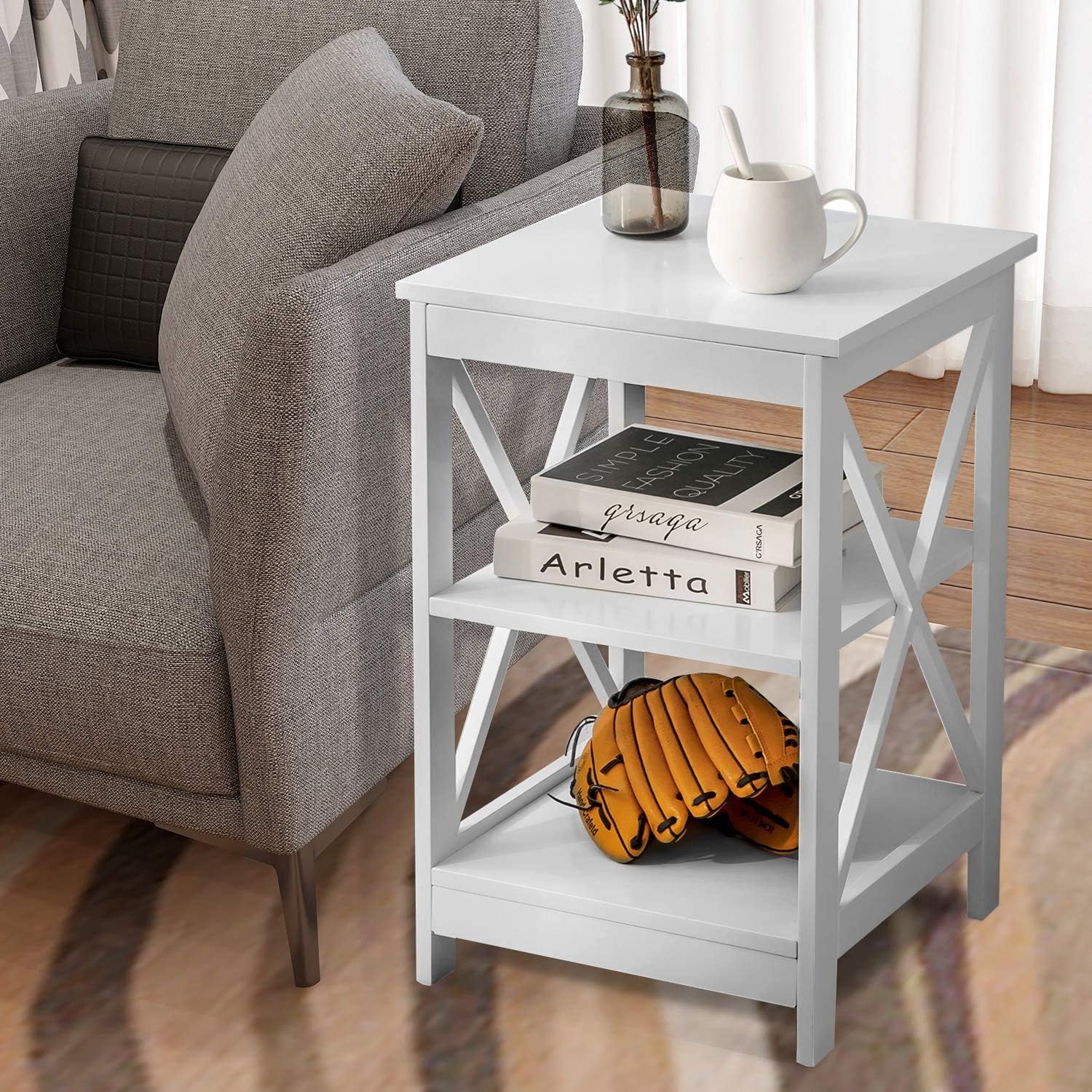 BTM White End Table Nightstand Sofa Side Table Storage Shelves with 3 Tiers Bedside Table for Living Room,Bedroom,Office,Kitchen