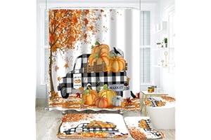 Yizheer Thanksgiving Day Fall 4Pcs Autumn Maple Pumpkin Shower Curtain Sets with Non-Slip Rugs, Toilet Lid Cover and Bath Mat, Haunted House Waterproof Shower Curtains Bathroom Decor Set Fall Decor
