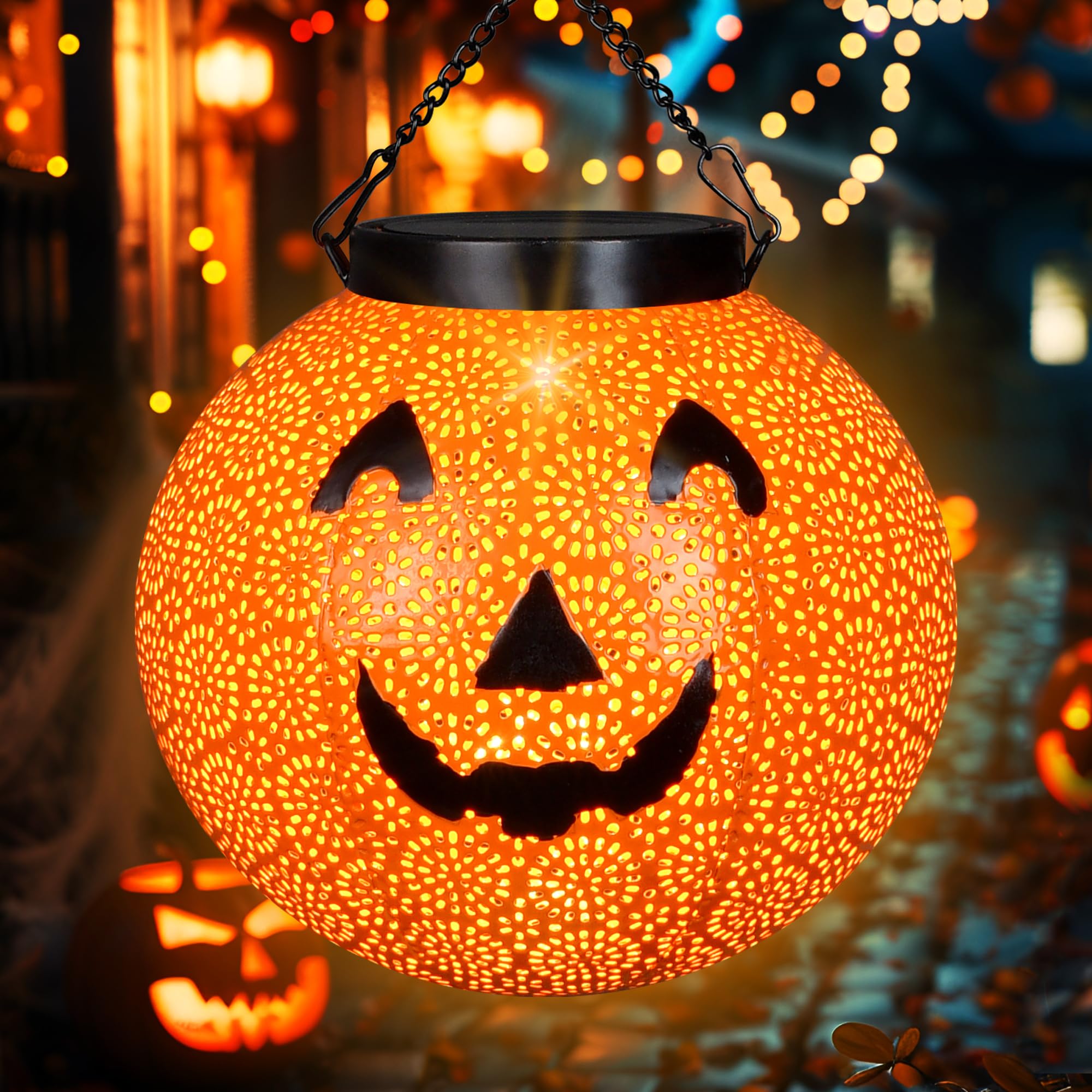 Photo 1 of Halloween Solar Hanging Lights Outdoor - Solar Metal Halloween Lantern Decor, Solar Powered Led Waterproof Decorative Round Hanging Light for Garden, Yard, Patio, Pathway, Porch