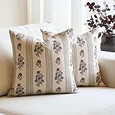 Amor Virisso Floral Throw Pillow Covers 18x18 Set of 2 Block Print Pillow Covers Neutral Floral Striped Farmhouse Decorative Pillow Covers for Sofa Couch Bed, Dusty Green