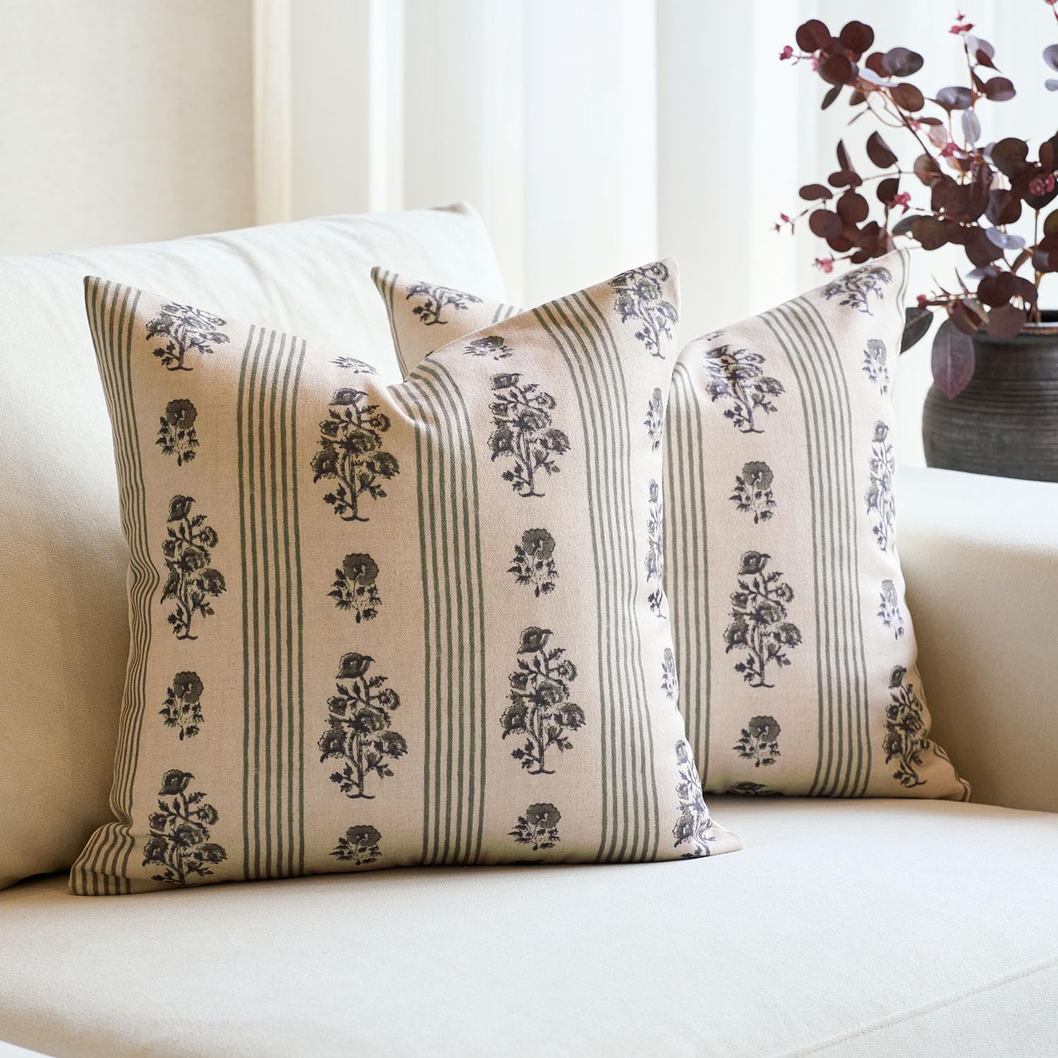 Photo 1 of Amor Virisso Floral Throw Pillow Covers 24x24 Set of 2 Block Print Pillow Covers Neutral Floral Striped Farmhouse Decorative Pillow Covers for Sofa Couch Bed, Dusty Green