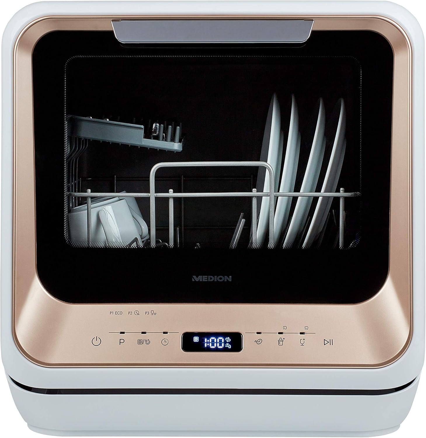 MEDION Mini Geschirrspüler (Tischgeschirrspüler, Spülmaschine für 2 Maßgedecke, funktioniert mit/ohne Wasseranschluss, 6 Reinigungsprogramme, Startzeitvorwahl, freistehend, MD 37004)