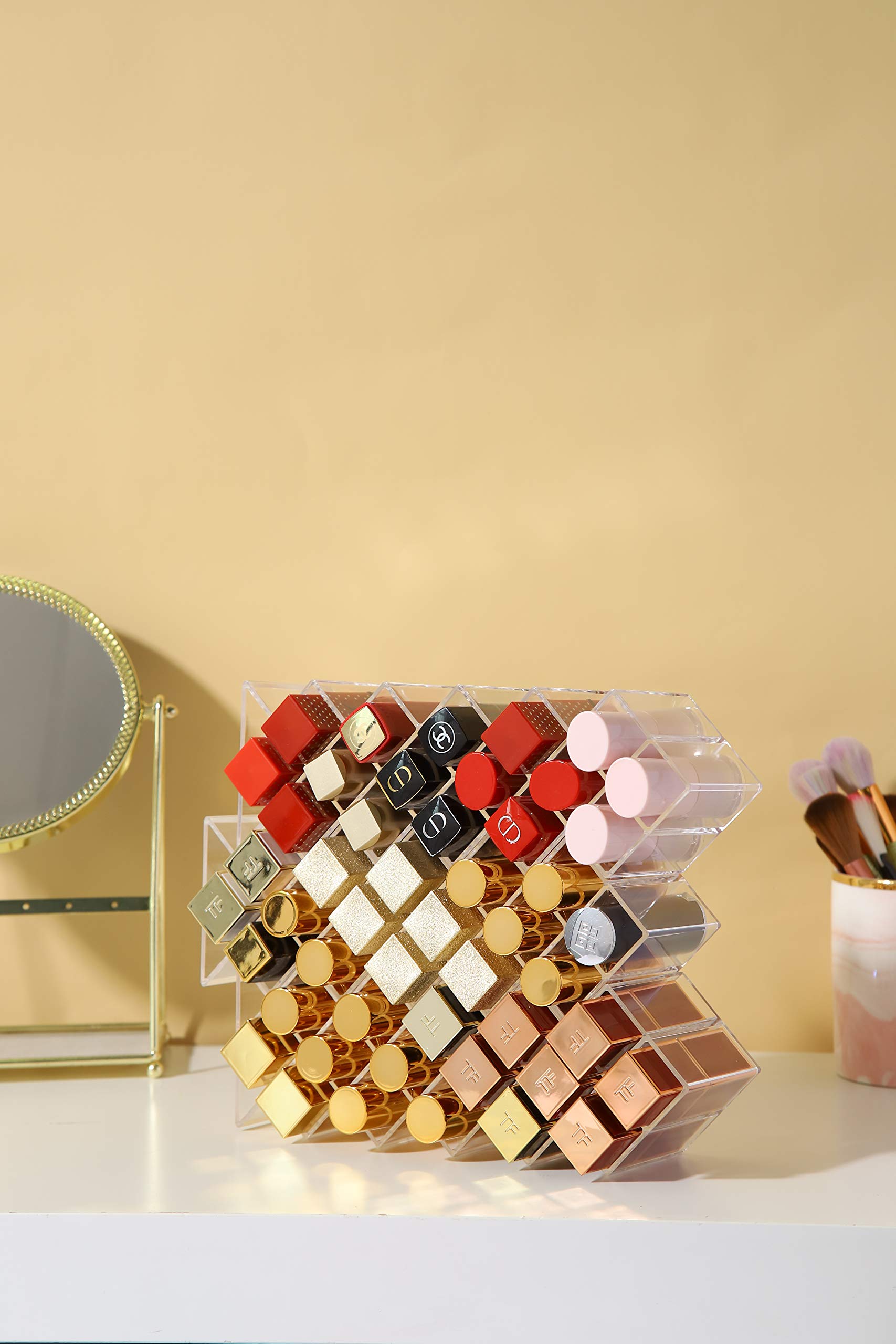 YIEZI Lipstick Holder Organizer 64 Spaces Acrylic Stackable Fish Shape Lipstick Tower, Lip Gloss Storage Stand, Perfect for Lipgloss Organizers Makeup Vanity Display, Clear (4 Pack)