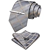 YOHOWA Extra Long Men Tie with Tie Clip Set Solid Plaid Silk Necktie Pocket Square Cufflinks Formal Wedding Party Business