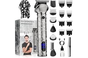 QREEYX 6 in 1 Beard Trimmer for Men - Professional Hair Clipper Trimmer Cordless T-Blade Trimmer, Electric Razor Body Nose for Men Grooming Kit with LCD Display