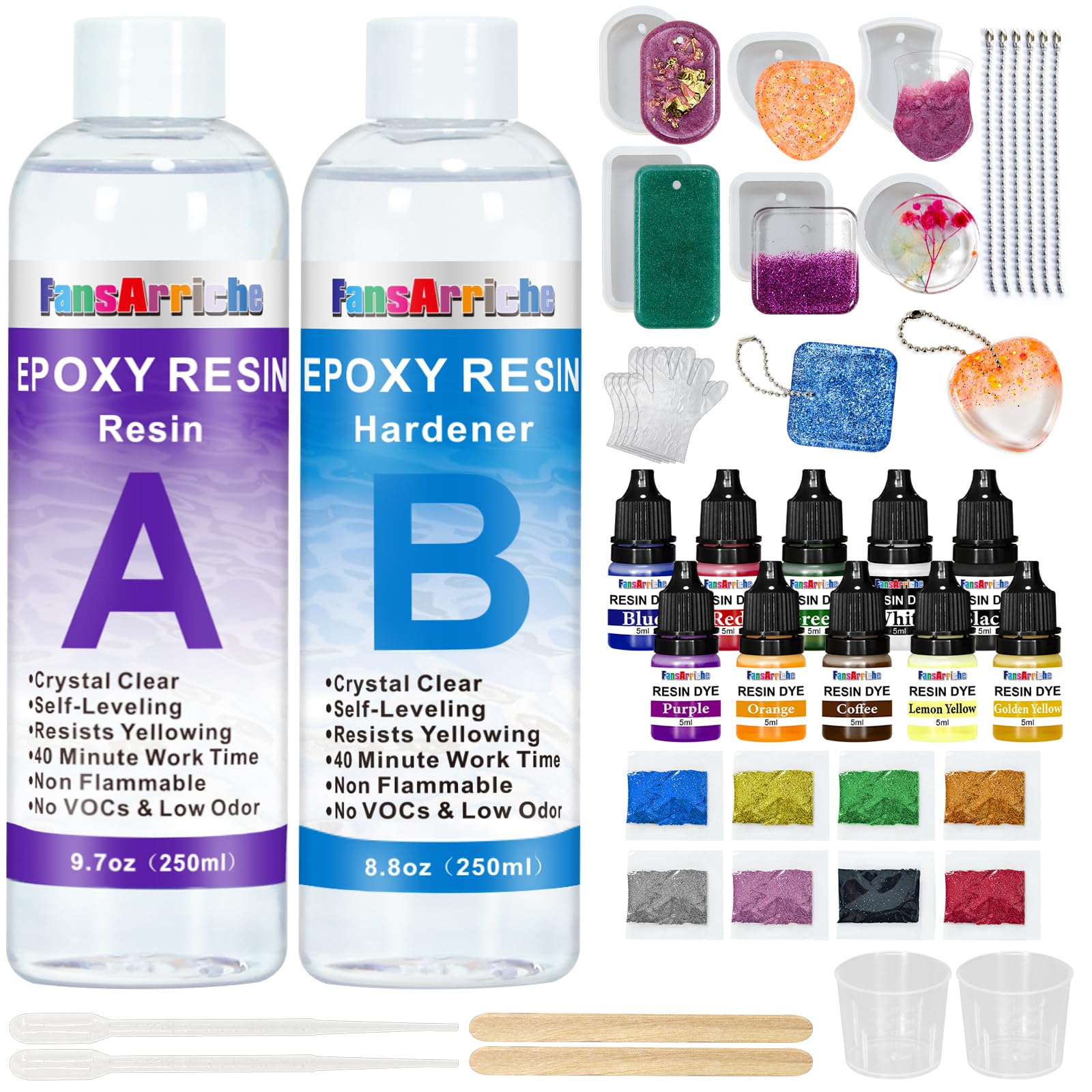 FansArriche Epoxy Resin Kit 500 ml, Resin Starter Kit, Resin Kits for Beginners, Epoxy Resin and Hardener with Key Chains Moulds for Sculpting Moulding & Casting, Art & Craft, Jewelry Making Kit