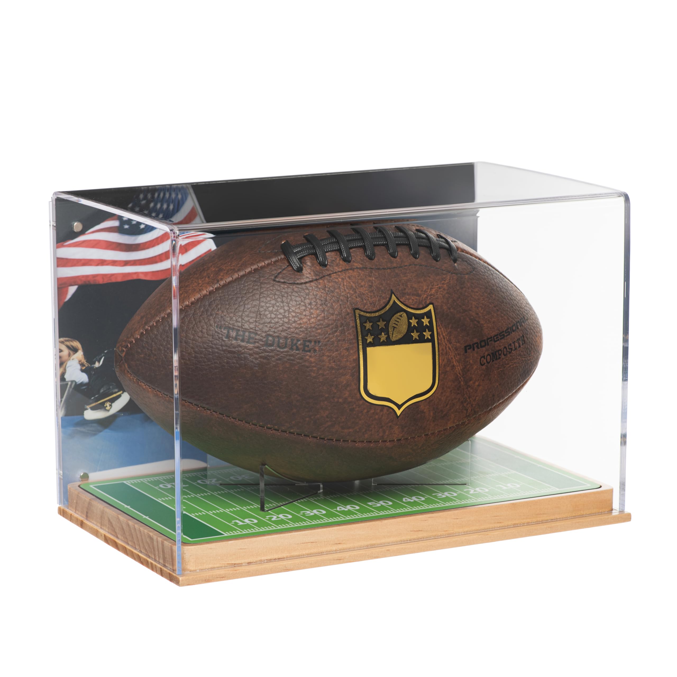 Photo 1 of HYYPME Football Display Case, Acrylic Memorabilia Display Box Cases for Football w/ Frame Background Window and Removable Built-in Football Display Stand, No Assembly Required