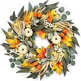 winemana 20 Inch Lighted Fall Wreaths for Front Door with White Pumpkins | Timer, Warm LED Lights, Farmhouse Style, Thanksgiving Autumn Leaf Wreath with Berries, For Indoor Outdoor Home Porch Wall