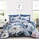 Mybedsoul Queen Size Comforter Set 7 Pieces, Bed in a Bag Soft Microfiber Bedding, Luxury Blue Floral Elegant Design, All Seasons Comforter Bed Set with Sheets, Pillowcases & Shams