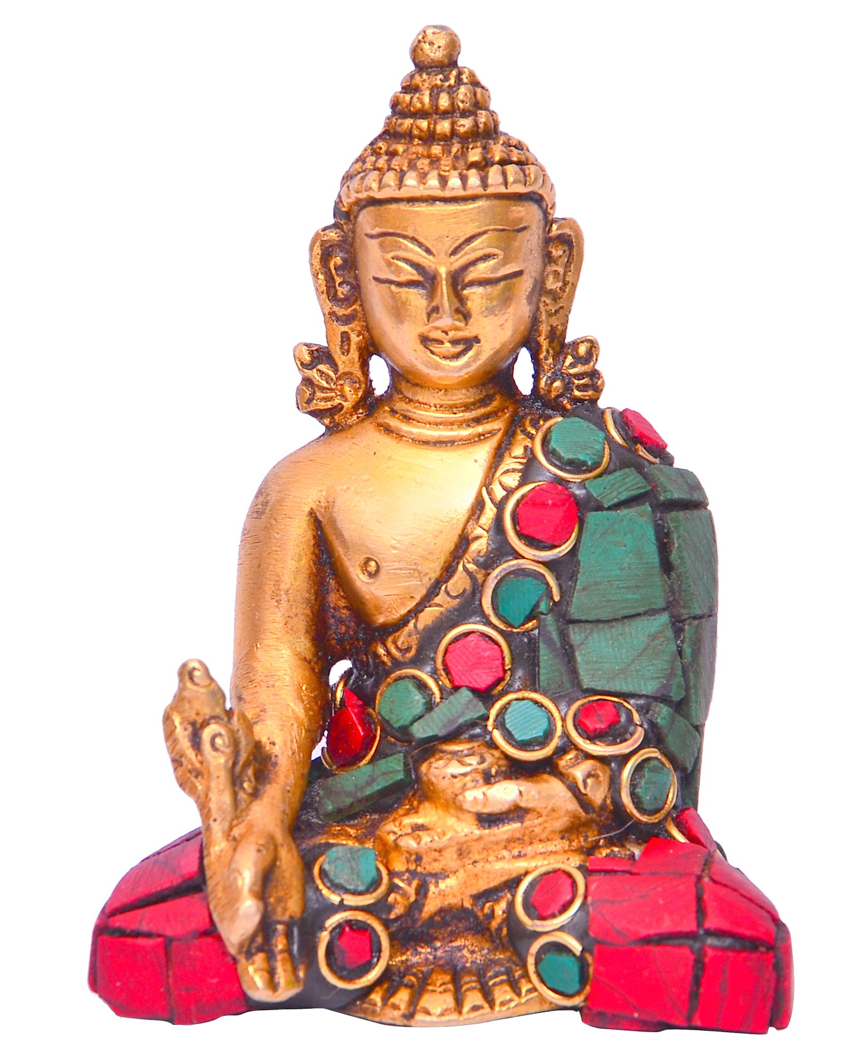 Purpledip Healing Medicine Statue of Lord Buddha in Solid Brass Metal with Gem-stone Work for Home Temple, Office Table or Shop Counter (10642)