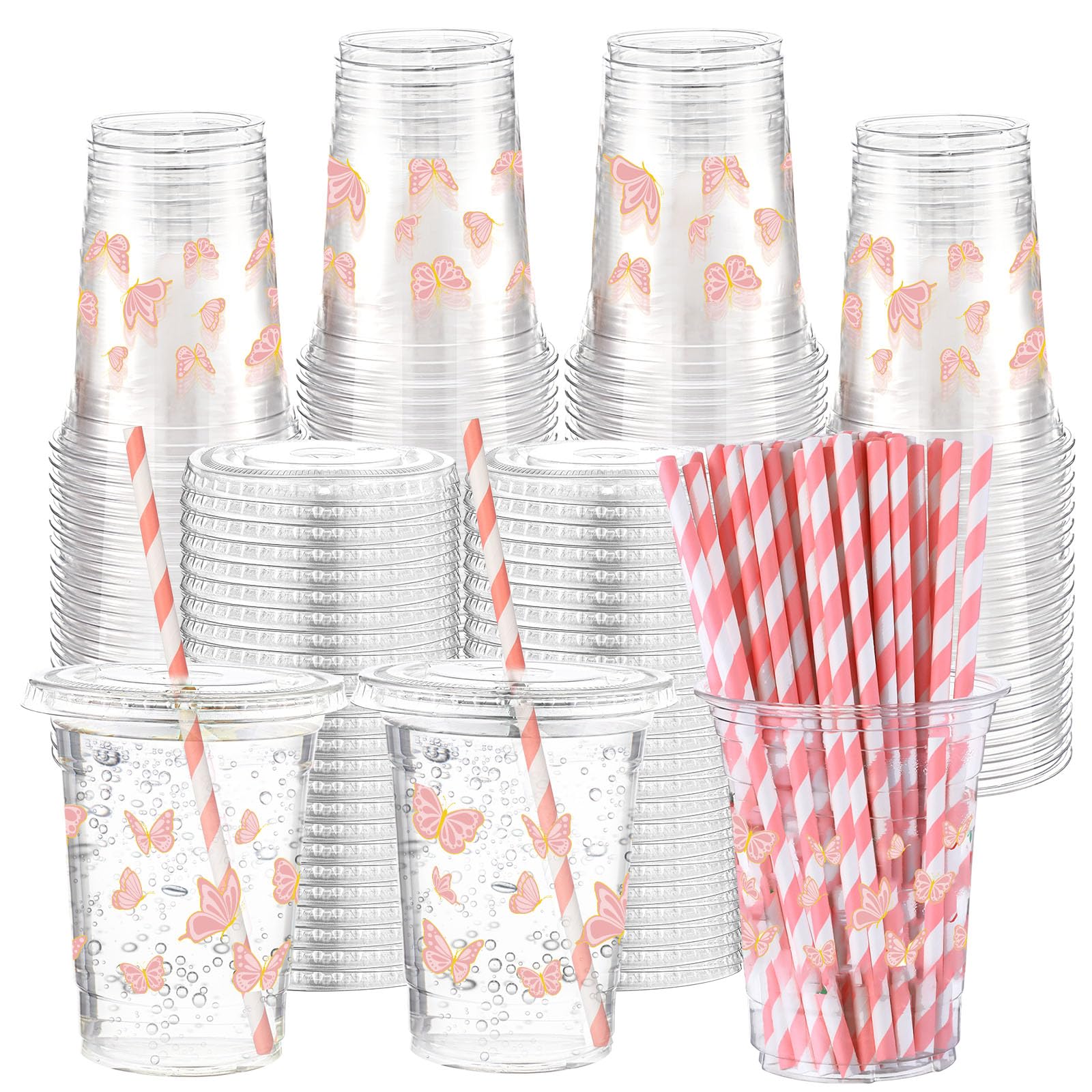 Photo 1 of Honeydak 150 Pcs Pink Butterfly Plastic Cups Set 50 Pcs 16 oz Butterfly Clear Disposable Cups with 50 Lids and 50 Paper Straws Party Favor for Spring Birthday Baby Shower Wedding Party Supplies